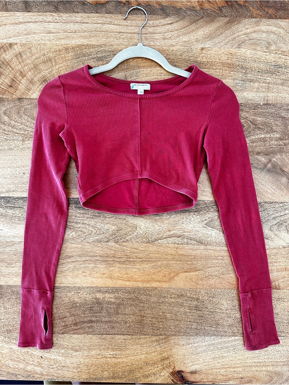 Free People FP Movement Red Ribbed Long Sleeve Crop Top Thumbholes XS